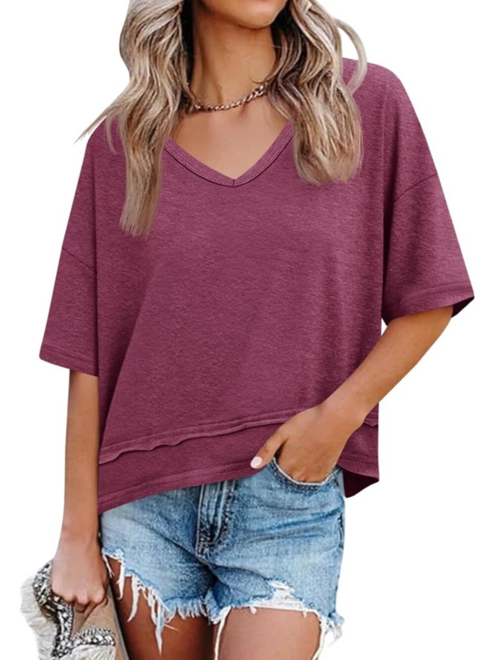 Women's Brick Red Summer V Neck T Shirts Casual Short Sleeve Tops Cute Loose